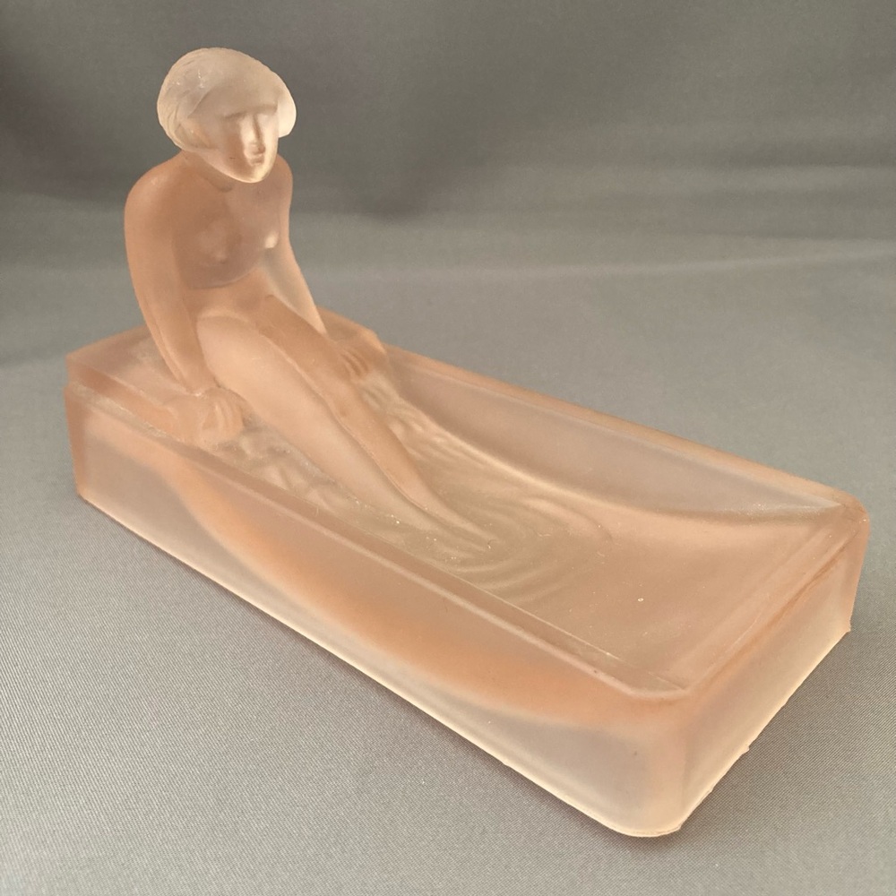 Vintage pink frosted glass woman soap dish